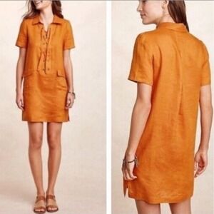 Anthropologie MAEVE Orange Linen Blend Lace Up Shirt Dress Casual  Size Medium